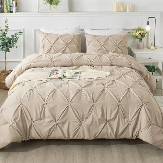 Soft Luxe Pinch Pleat Comforter Set Full Size (Khaki, 3-Piece)